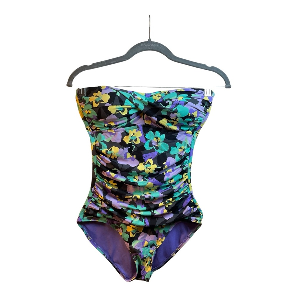 Anne Cole Women’s Strapless One Piece Swimsuit Green Purple Yellow Floral Size 6 - Picture 1 of 13